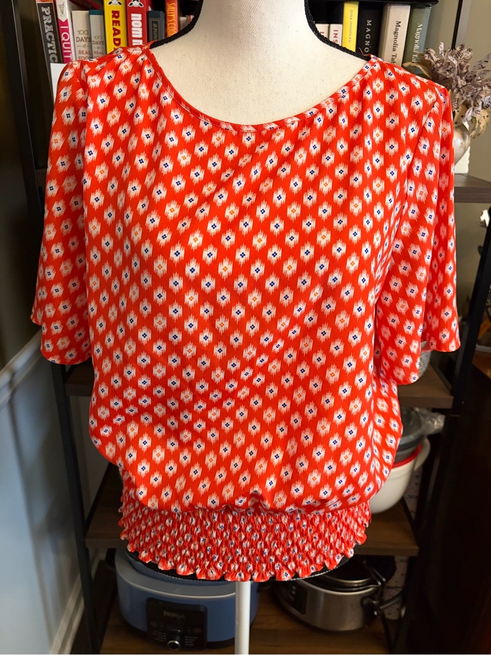 MICHAEL Michael Kors Orange Patterned Short Sleeve Smocked Hem Blouse